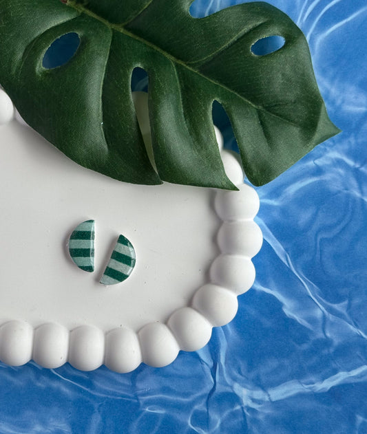 Small Half Moon Green Cabana Stripe Studs