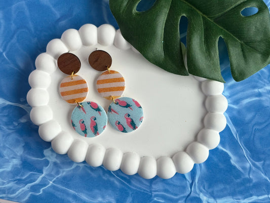 Large Yellow Cabana Stripe and Parrot Dangles