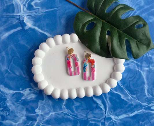 Pink Cabana Stripe and Floral Rectangle Cutout Dangles