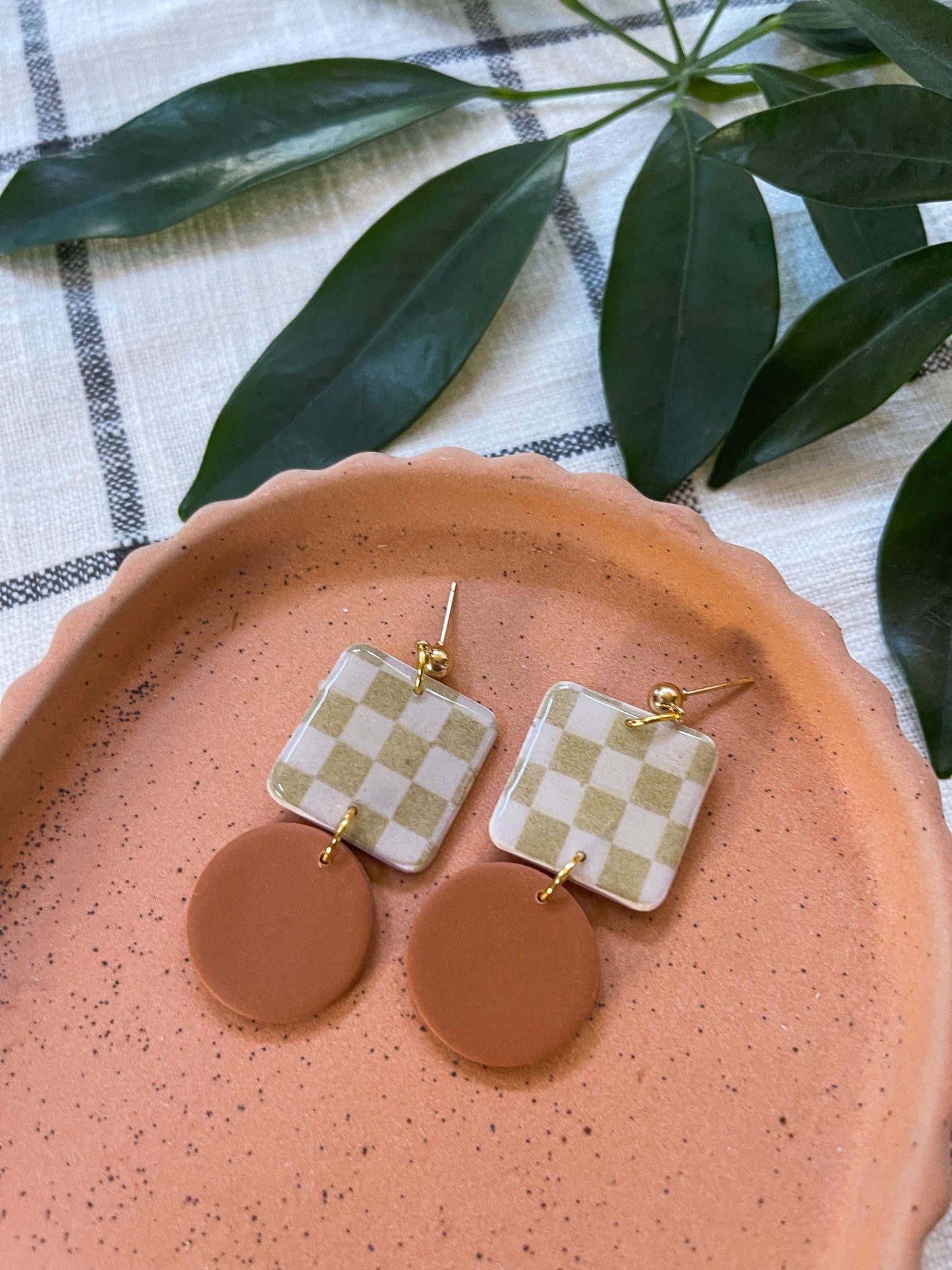 Checkered and Terracotta Statement Dangles