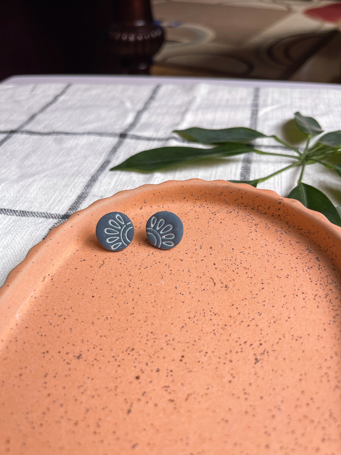 Deep Navy and Mint Stamped Studs