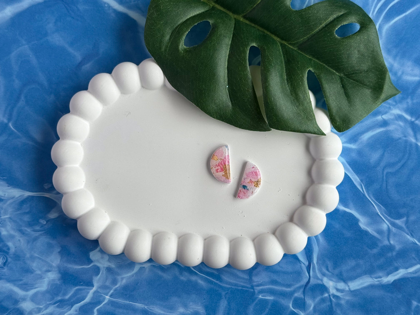 Small Half Moon Abstract Pink and Gold Studs