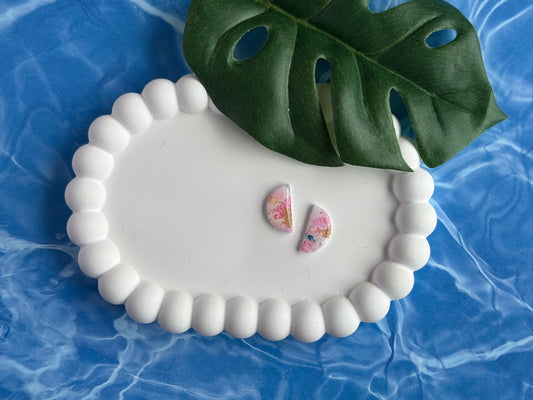 Small Half Moon Abstract Pink and Gold Studs