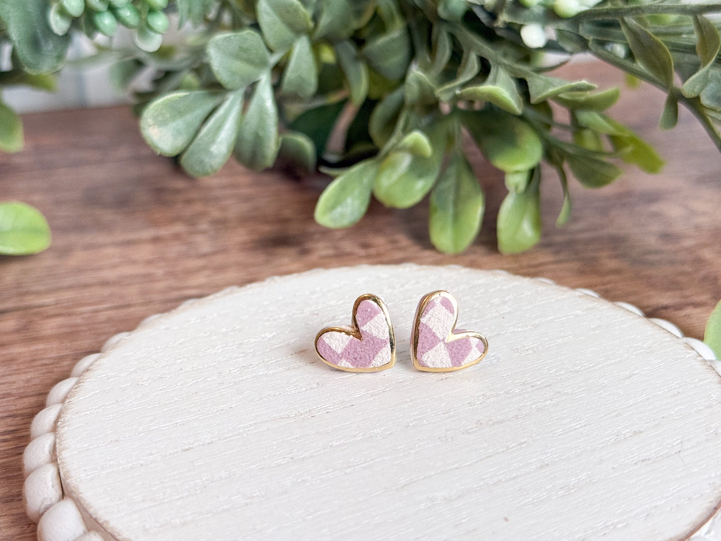 Lavender Dream Checkered Mini Heart Studs